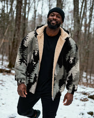 Big & Tall Men's Grey Black Forest Bear Print Velvet Thickened Zip Hoodie