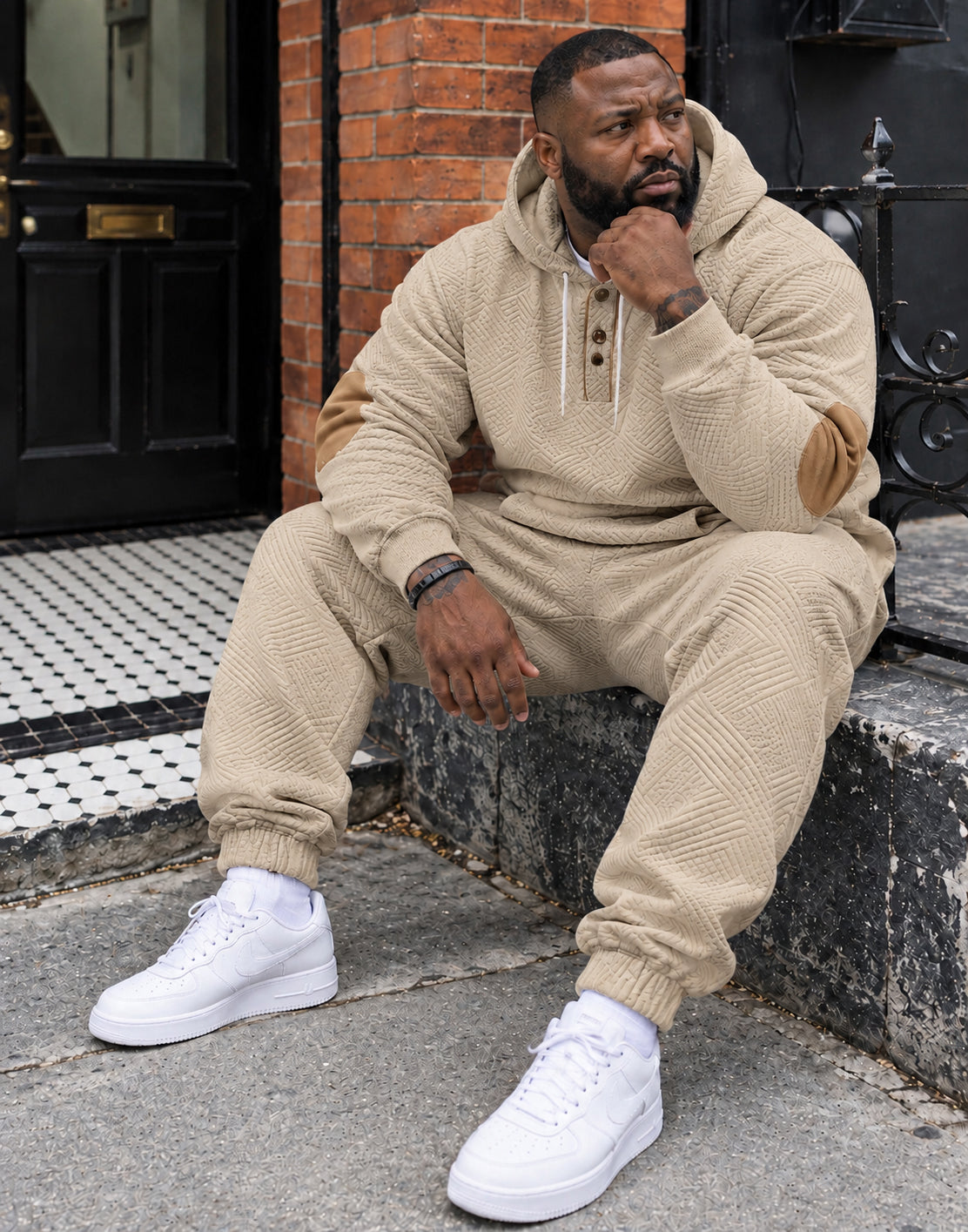 Big & Tall Men's Casual Jacquard Hooded Sweatshirt Set