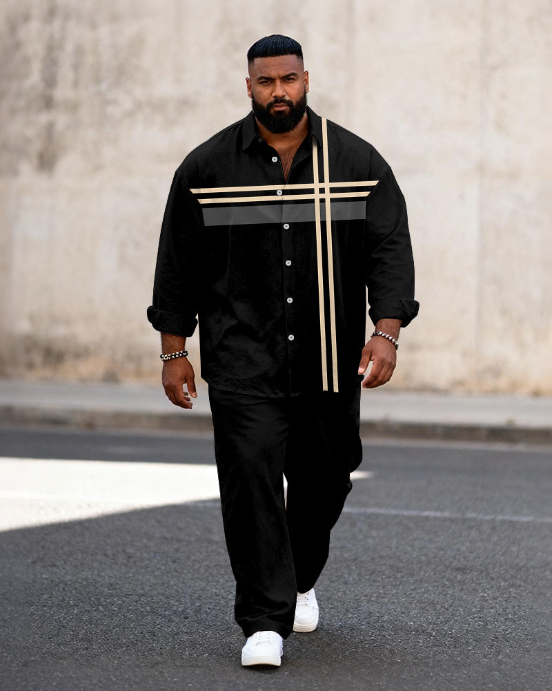 Big & Tall Men's Business Colorblock Striped Print Long Sleeve Shirt Pants Set