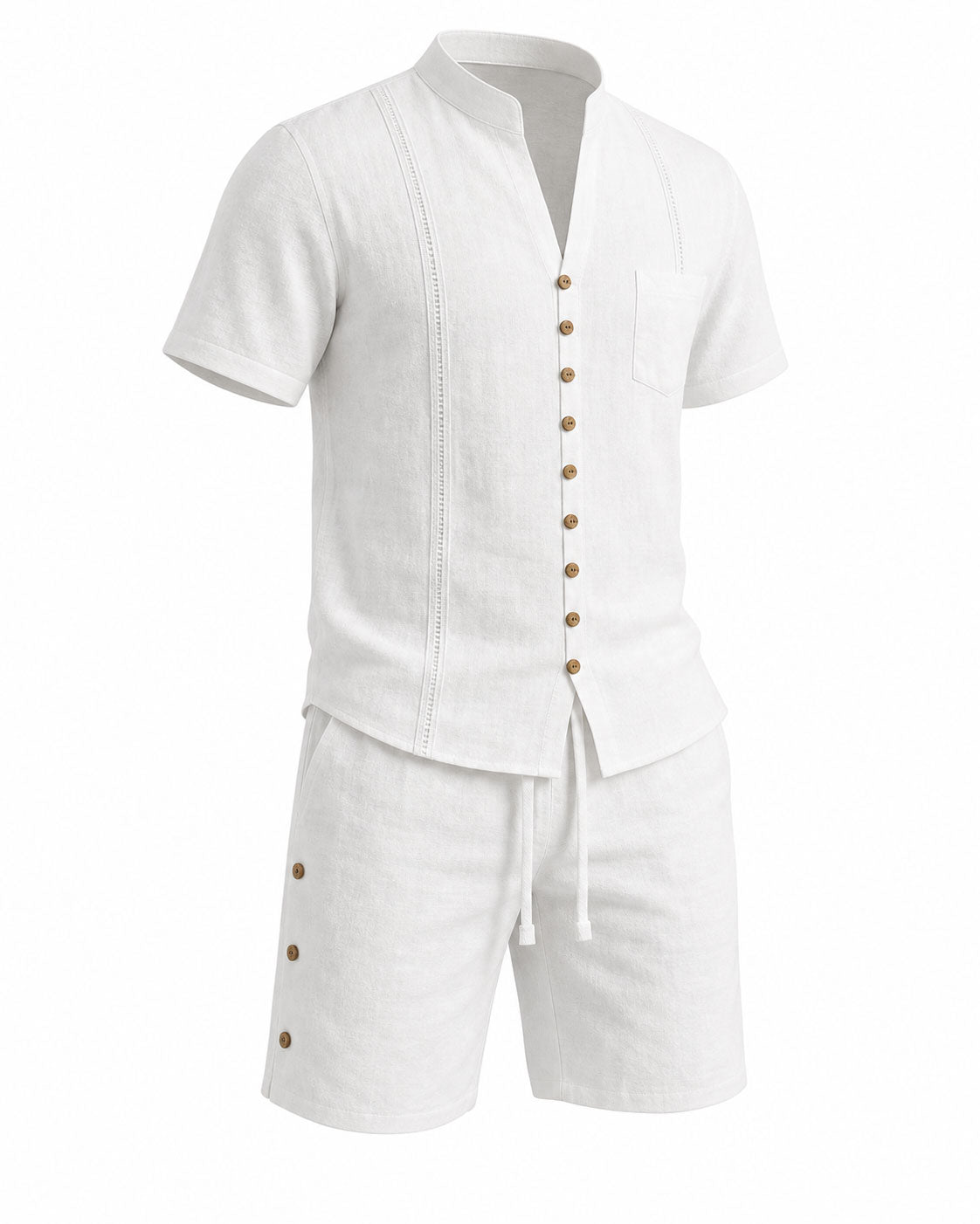 Men's Linen Solid Color Breathable Eco-Friendly Comfortable Retro Casual Button V-Neck Cardigan Short Sleeve Shirt Shorts Set