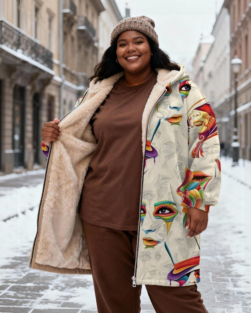 Women's Rice White Color Women's Face Art Printed Velvet Thickened Long Hooded Coat