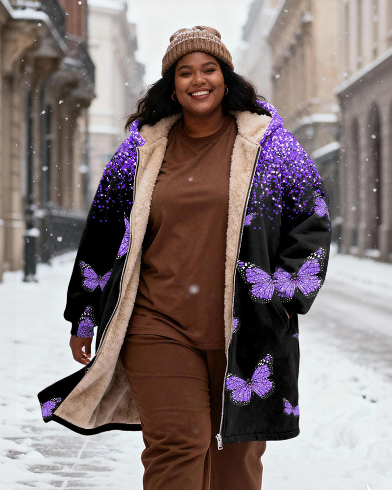 Women's Purple Gradient Butterfly Print Velvet Padded Long Hooded Coat