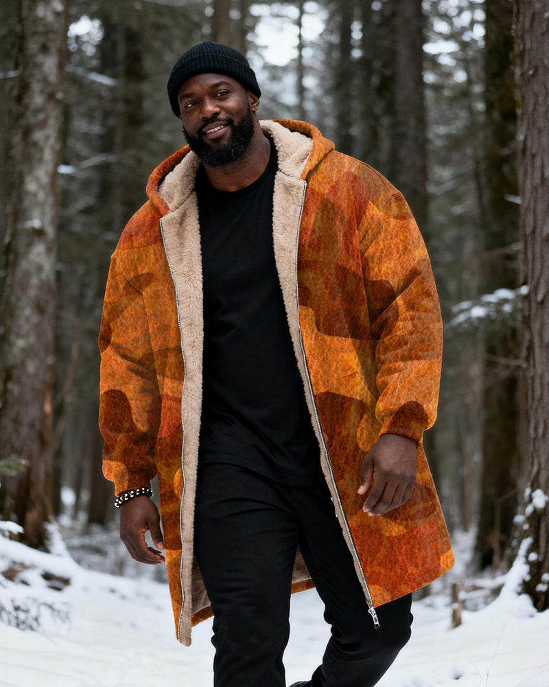Big & Tall Men's Hunting Style Orange Brown Camouflage Print Velvet Thickened Long Hooded Coat