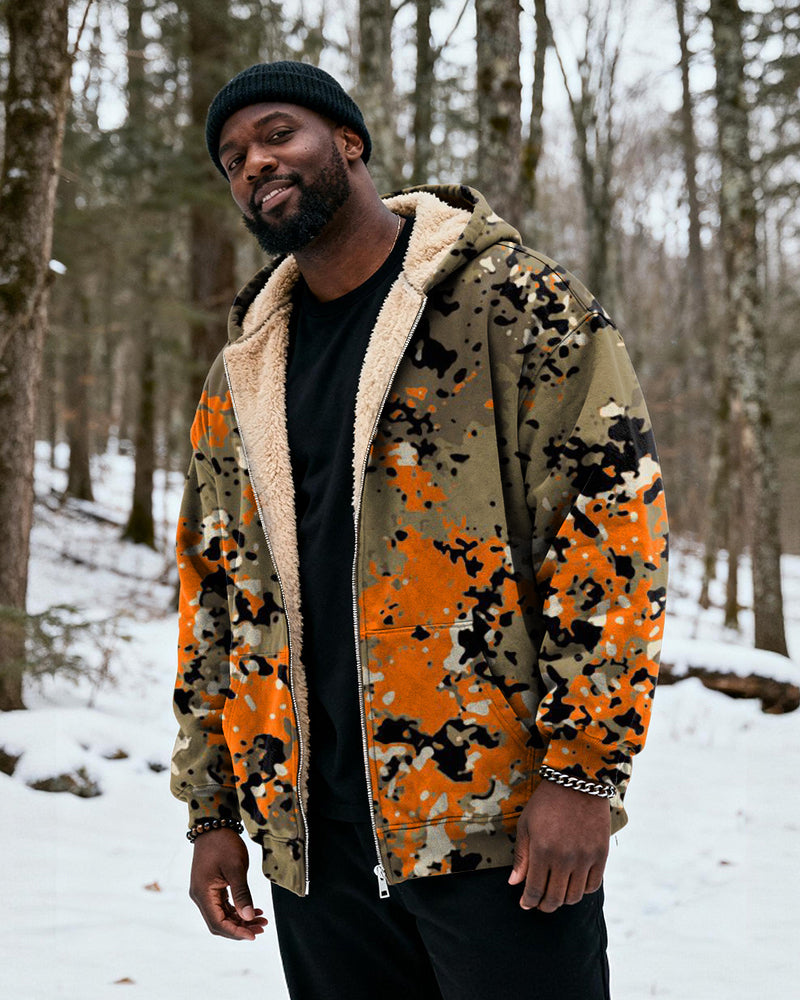 Big & Tall Men's Orange Black Camo Print Velvet Thickened Zip Cardigan Hoodie