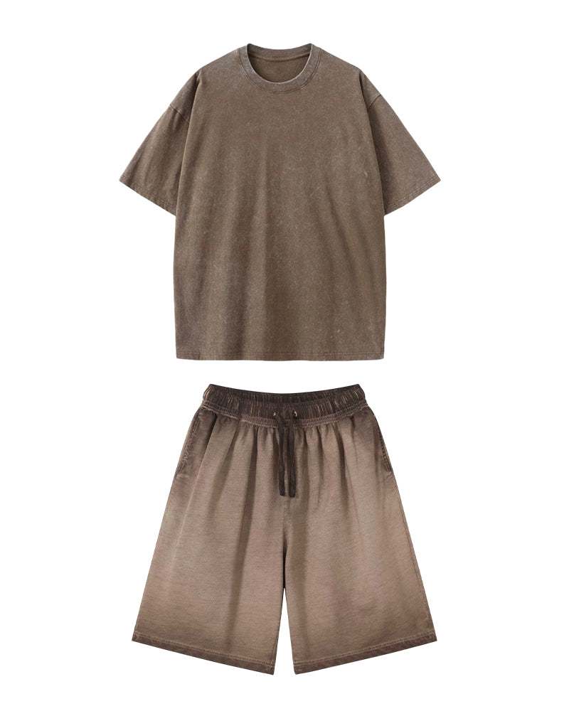 S-5XL Men's Cotton Batik Washed Old Loose T-shirt Shorts Set