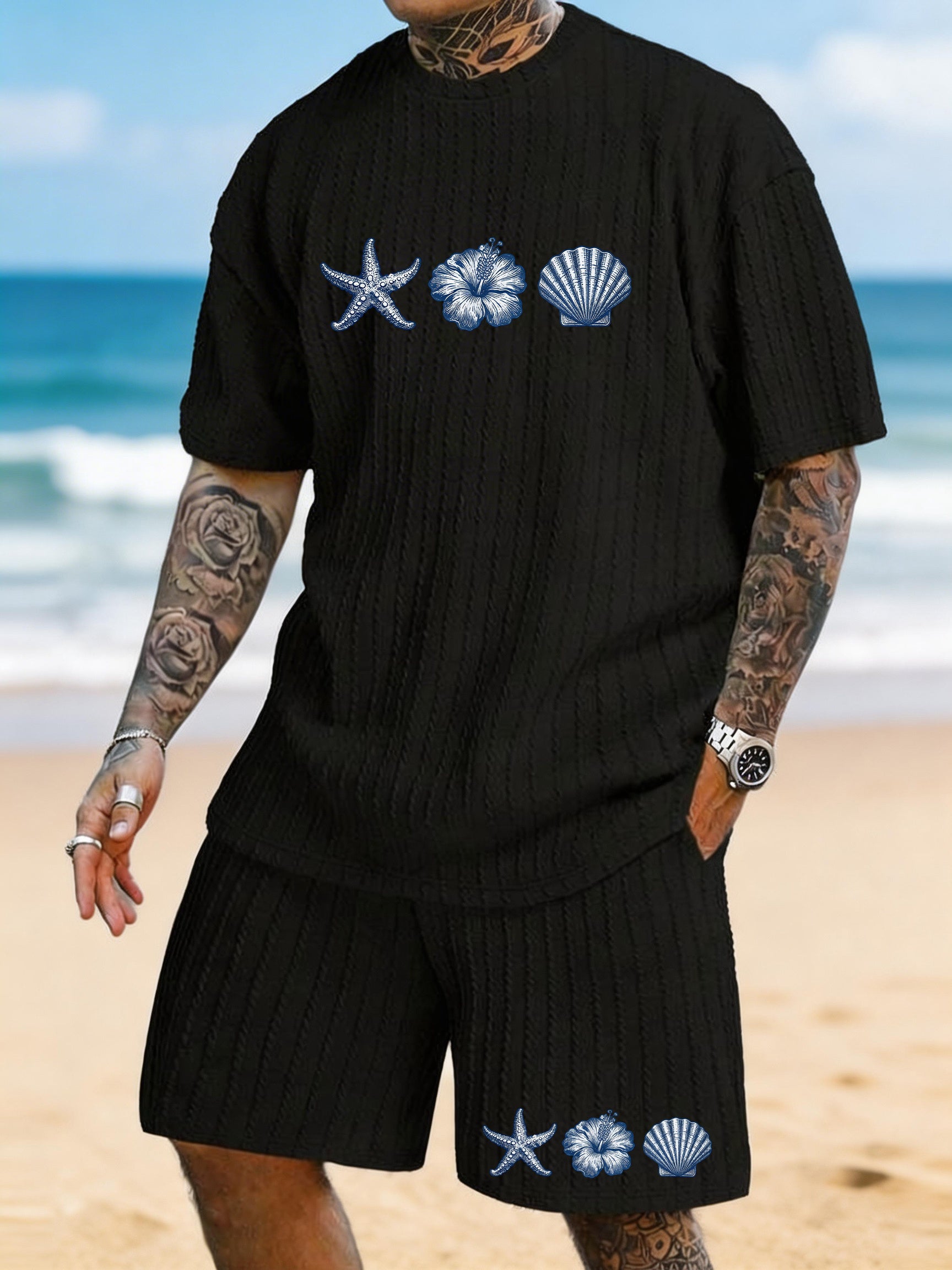 Starfish Shell Hibiscus Flower Printed Texture Pattern Plus Size Seaside Casual Suit