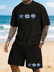 Starfish Shell Hibiscus Flower Printed Texture Pattern Plus Size Seaside Casual Suit