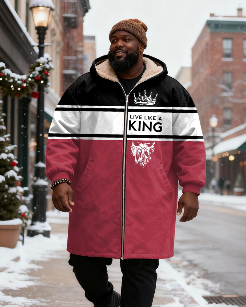 Big & Tall Men's Red And Black Contrast "LIVE A KING" Crown Printed Velvet Padded Long Hooded Coat