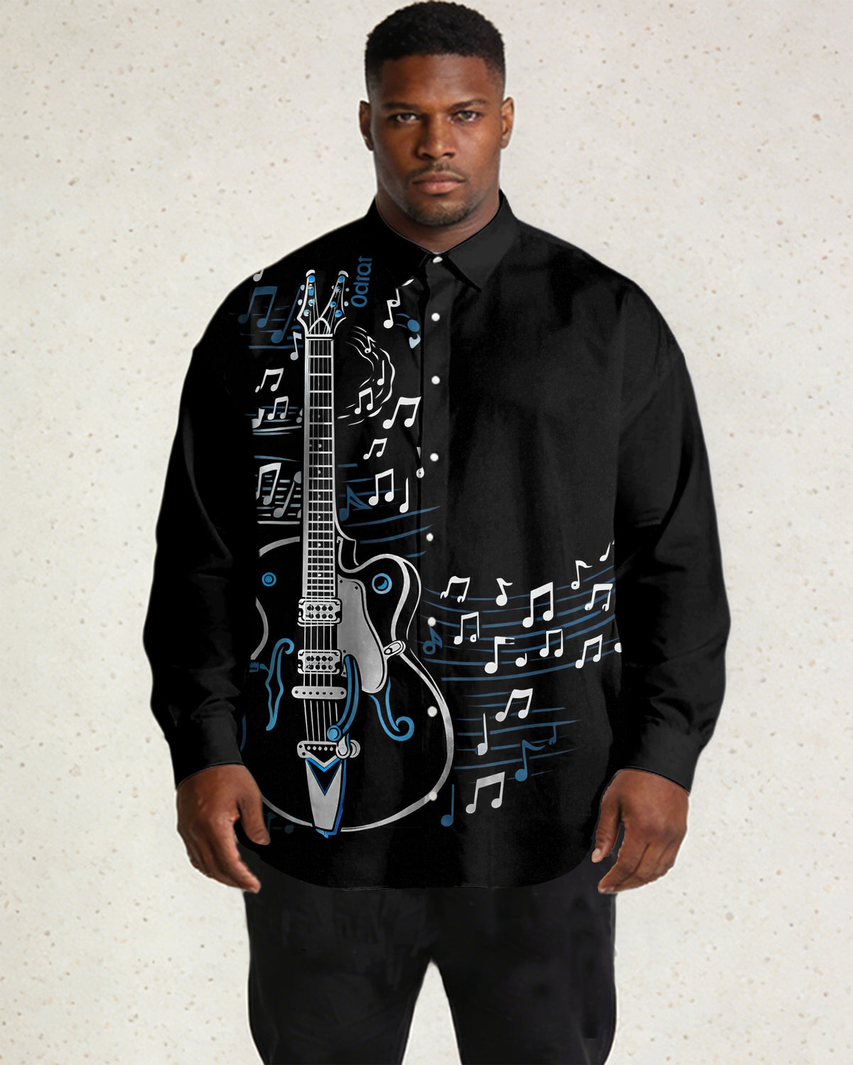 Black Music Charm Pattern Print Large Size Men's Lap Collar Long Sleeve Shirt