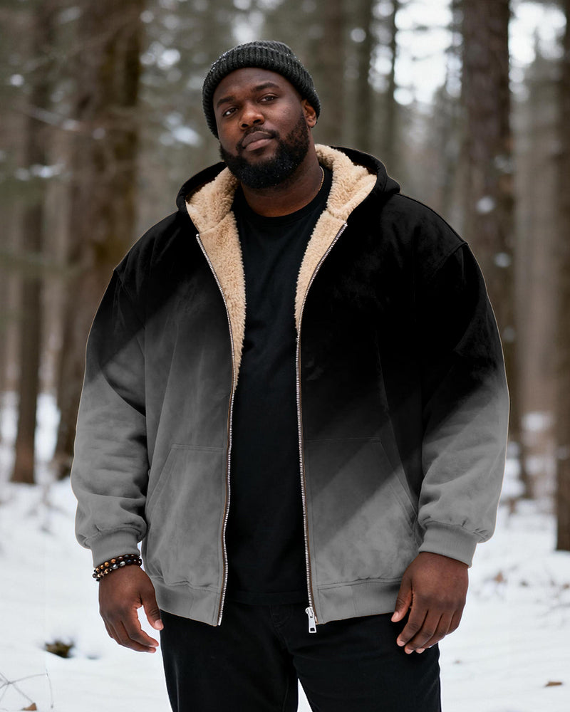 Big & Tall Men's Black And Red Gradient Print Velvet Thickened Zip Cardigan Hoodie