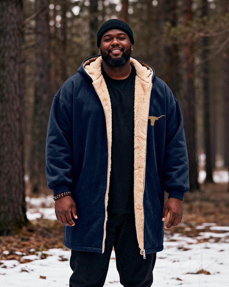 Big & Tall Men's Hunting Style Bull Totem Print Velvet Thickened Long Hooded Coat