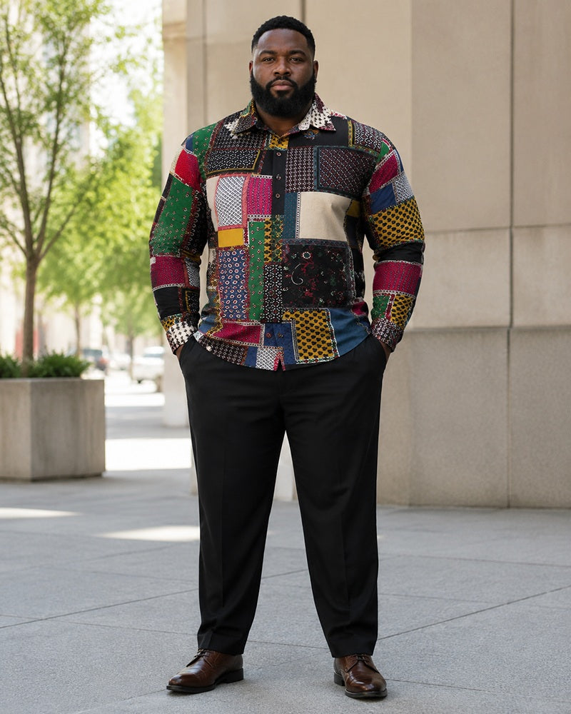 Big & Tall Men’s Retro Multicolor Patchwork Plaid Color-Block Printed Long-Sleeve Shirt And Pants Set