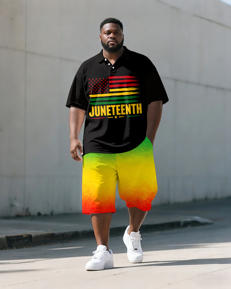 Big & Tall Men's Juneteenth Distressed Flag Reggae Color Printed POLO Short Sleeve Shorts Set