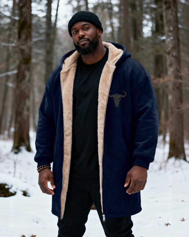 Big & Tall Men's Hunting Style Bull Totem Print Velvet Thickened Long Hooded Coat
