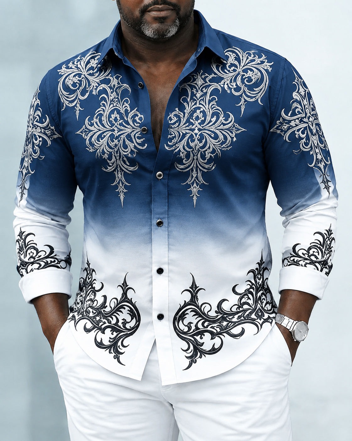 Big & Tall Men's Gradient Color Tribal Totem Print Long Sleeve Shirt