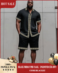 Big Man's Retro Daily Casual Edge Color Block Printing Short Sleeve Shirt Shorts Suit