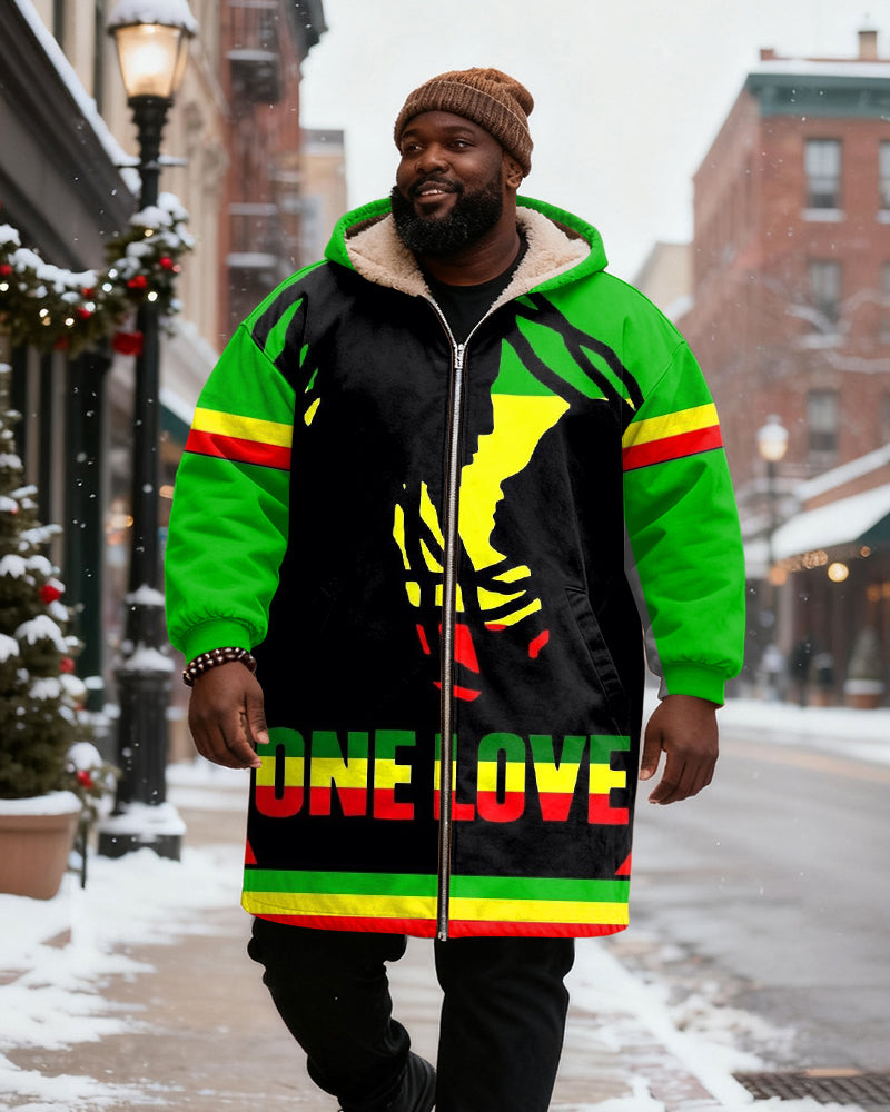 Big & Tall Men's Green, Yellow And Red Figure Contrast Striped Printed Velvet Thickened Long Hooded Coat