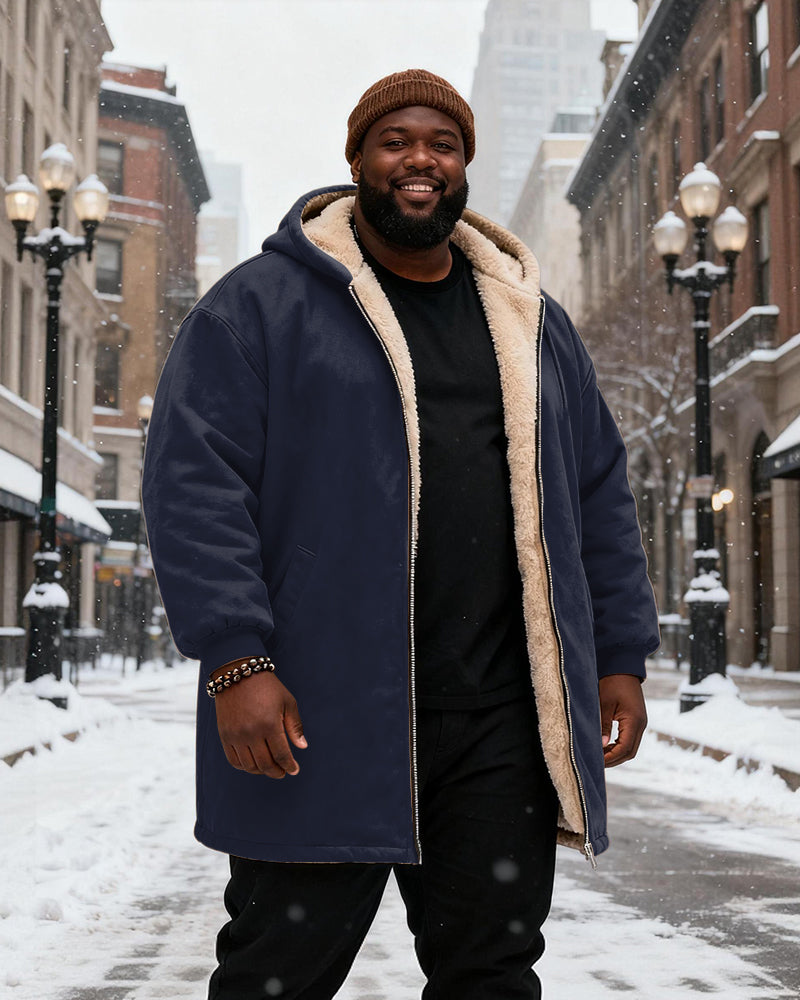 Big & Tall Men's Solid Color Velvet Thickened Long Hooded Coat