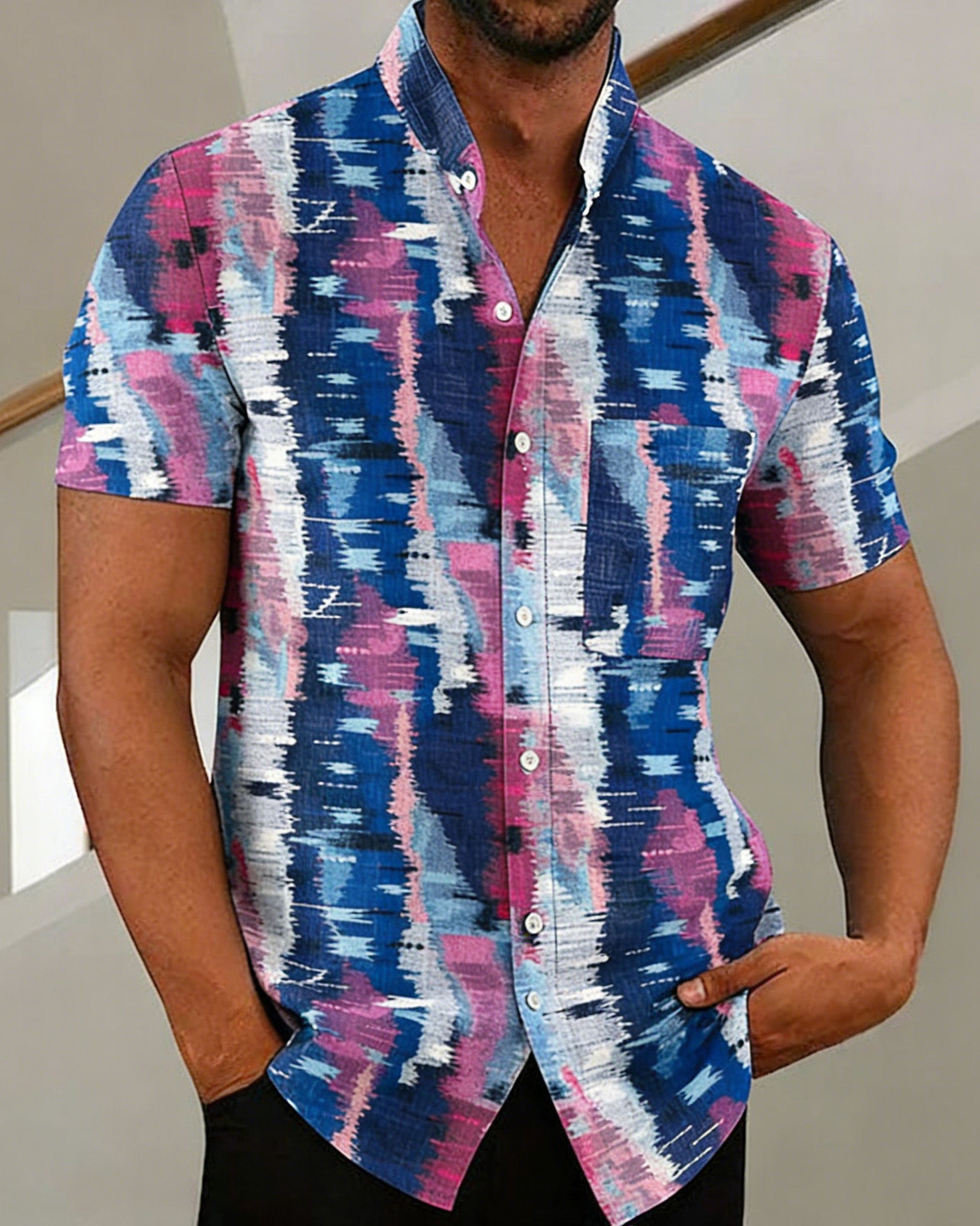 Big & Tall Men's Contrasting Colors and Irregular Textures Print Henry Collar Short Sleeve Shirt
