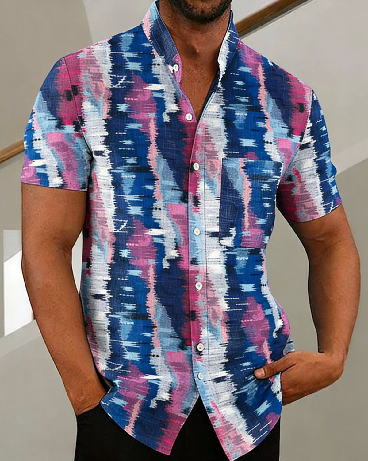 Big & Tall Men's Contrasting Colors and Irregular Textures Print Henry Collar Short Sleeve Shirt