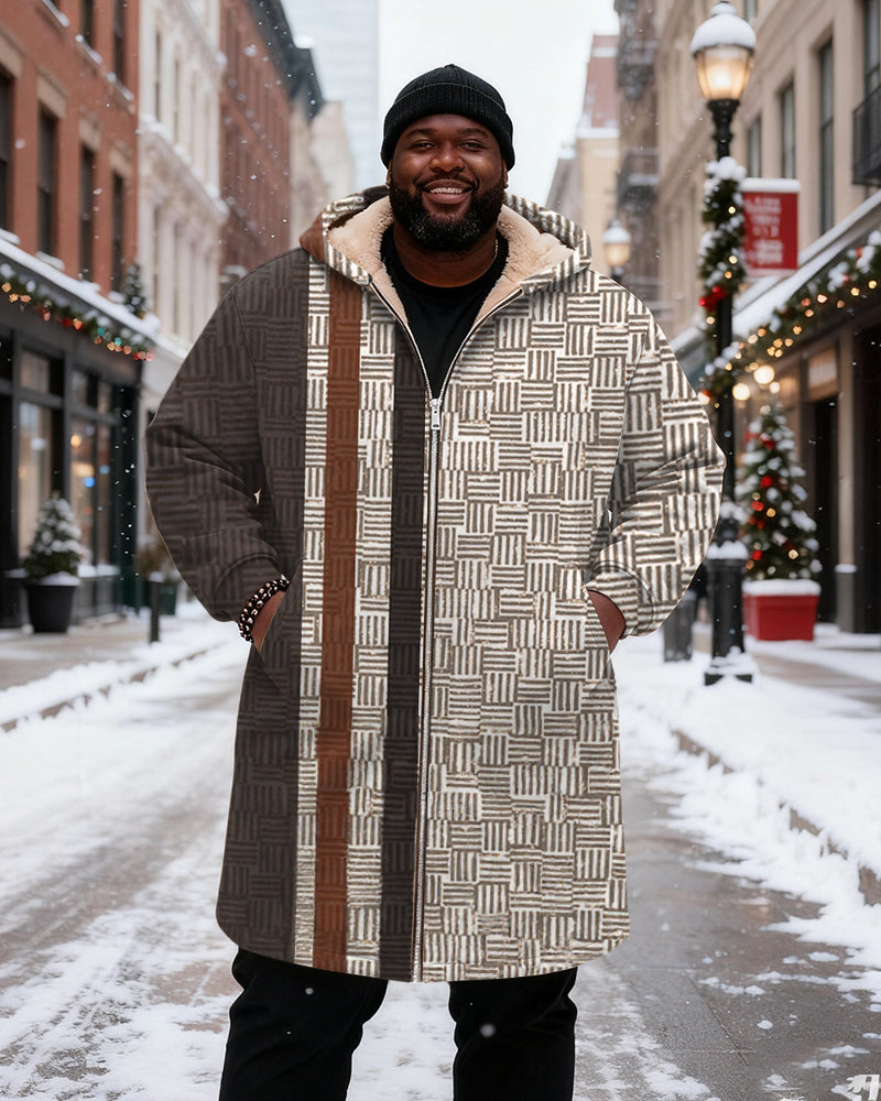 Big & Tall Men's Brown And White Woven Texture Patchwork Printed Velvet Thickened Long Hooded Coat
