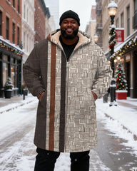 Big & Tall Men's Brown And White Woven Texture Patchwork Printed Velvet Thickened Long Hooded Coat