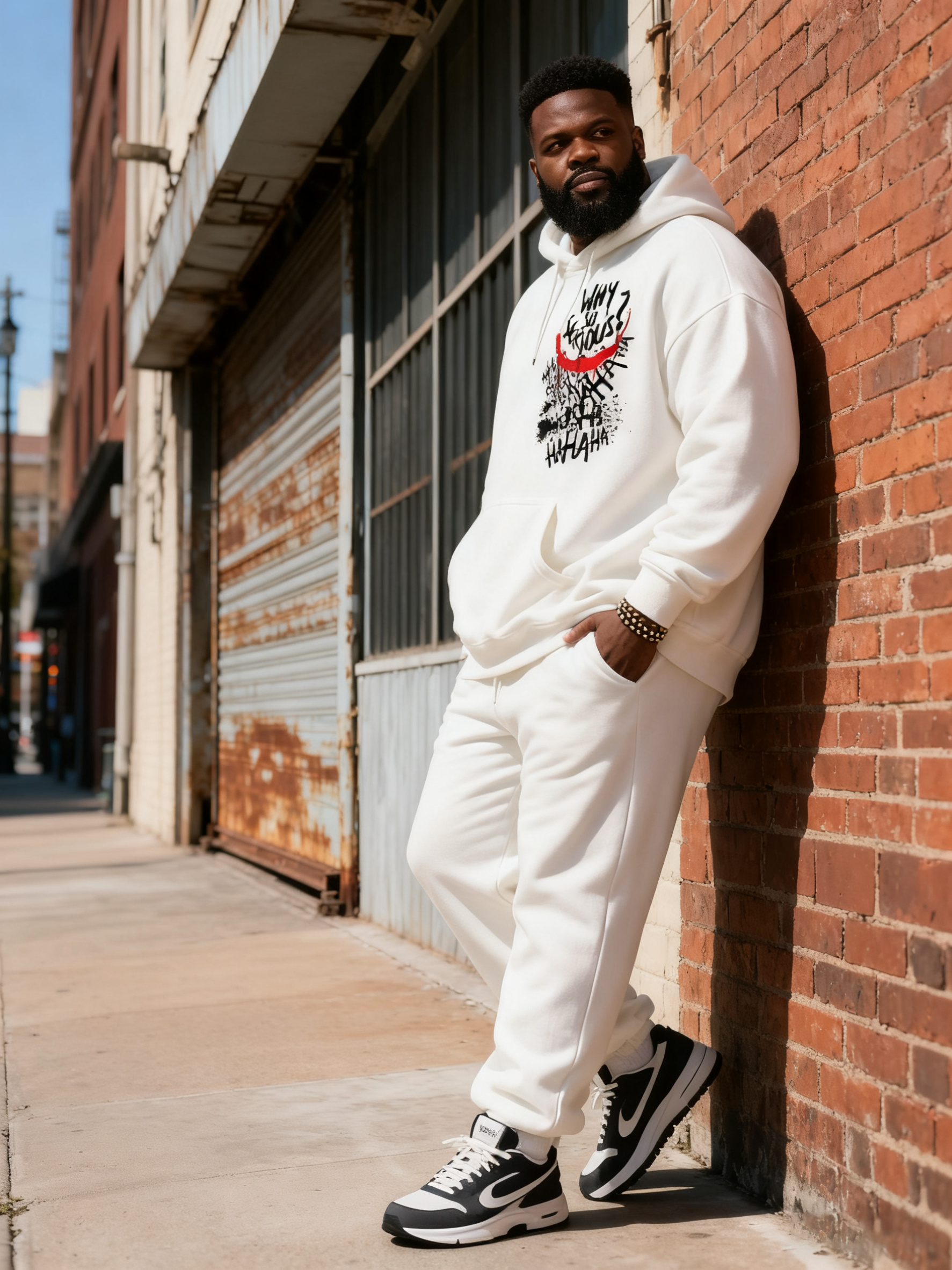 Big & Tall Men's White HA Graffiti Letter Print Hoodie Set