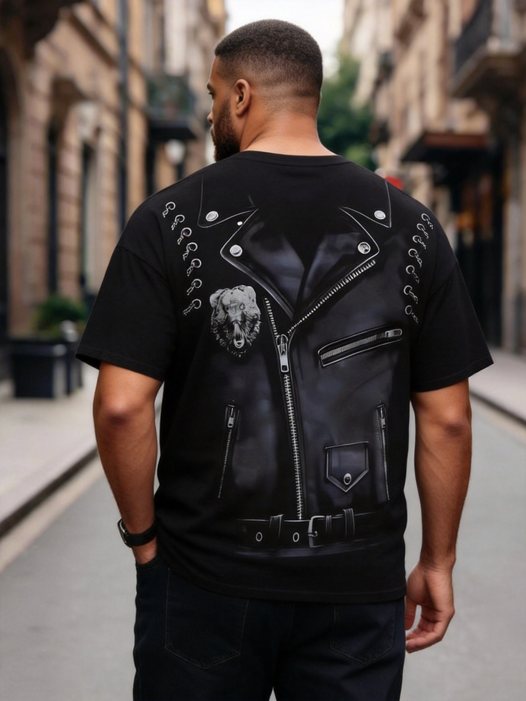 Big & Tall Men's Imitation Leather Biker Jacket Bear Head Printed Round Neck Short Sleeve T-Shirt