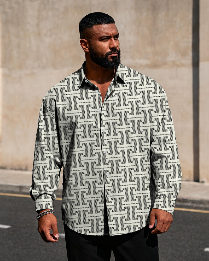 Big & Tall Men's Business Style Geometric Print Long Sleeve Shirt