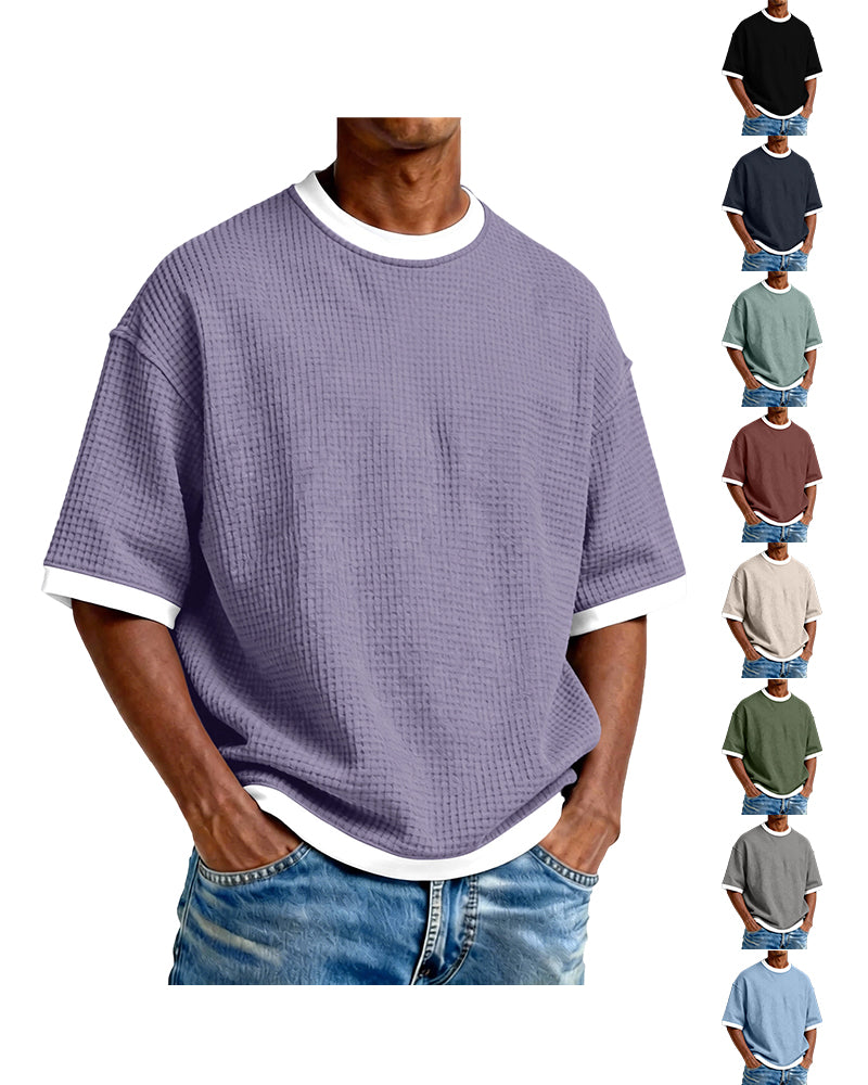 S-5XL Men's Waffling Loose Hollow Short-sleeved Knitted T-shirt