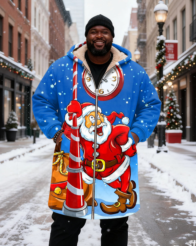 Big & Tall Men's Blue Background Santa Claus Clock Print Velvet Thickened Long Hooded Coat