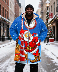 Big & Tall Men's Blue Background Santa Claus Clock Print Velvet Thickened Long Hooded Coat