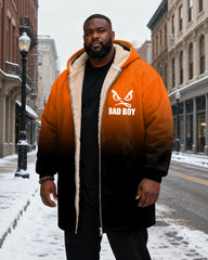 Big & Tall Men's "BAD BOY" Orange Black Gradient Printed Velvet Padded Long Hooded Coat