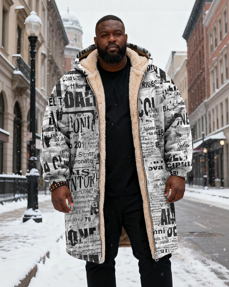Big & Tall Men's Newspaper Graffiti Print Velvet Thickened Long Hooded Coat