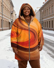 Women's Yellow Orange Brown Gradient Wave Dot Print Velvet Thickened Long Hooded Coat