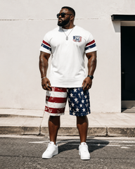 Big & Tall Men's Distressed Flag Road 66 Printed Crew Neck Short Sleeve T-shirt Shorts Set