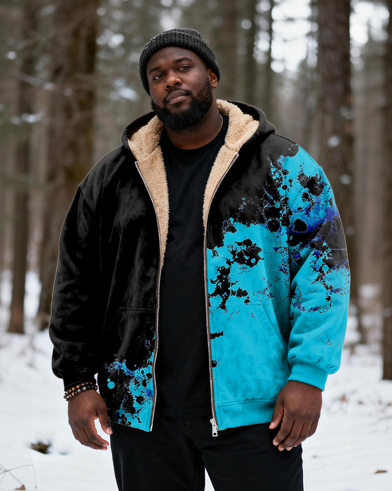 Big & Tall Men's Black And Blue Splash Ink Printed Velvet Thickened Zipper Hoodie
