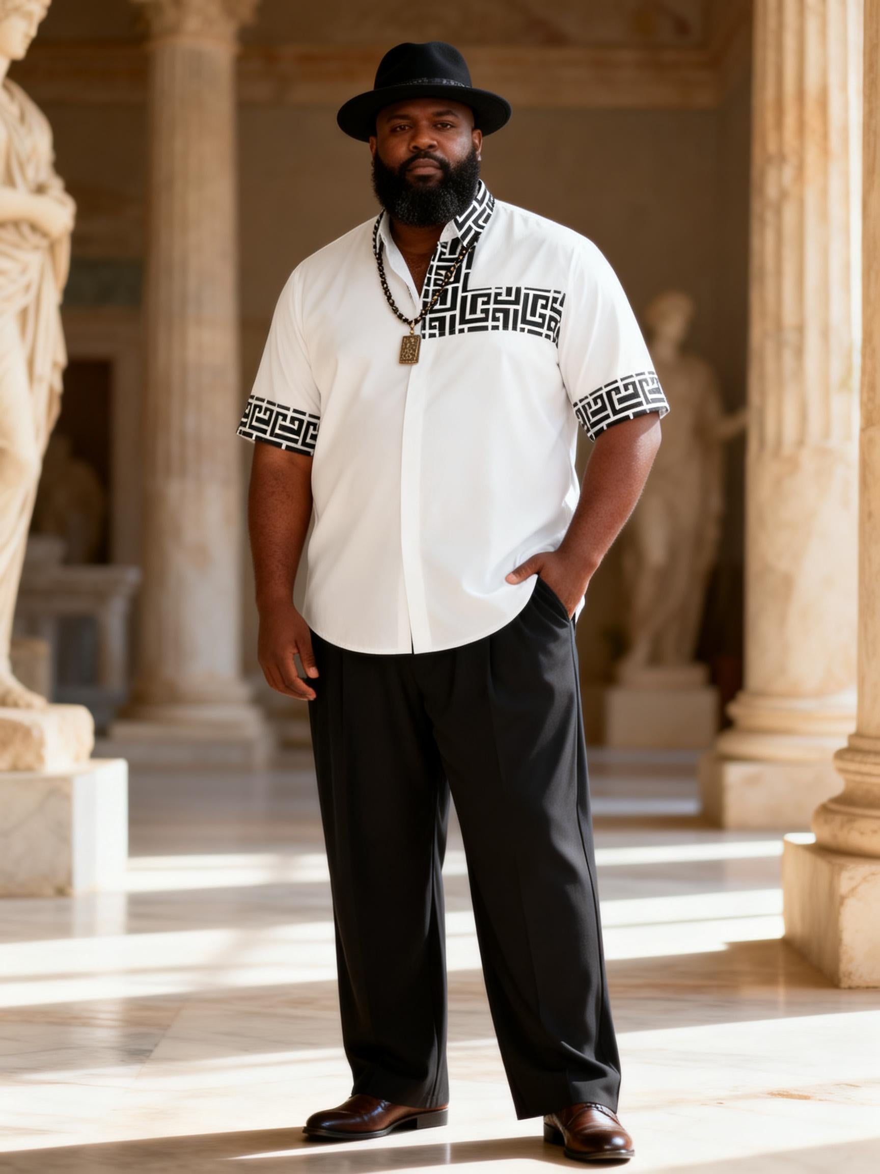 Big & Tall Men's Retro White Background Black Plicet Printed Short Sleeve Shirt Trousers Set