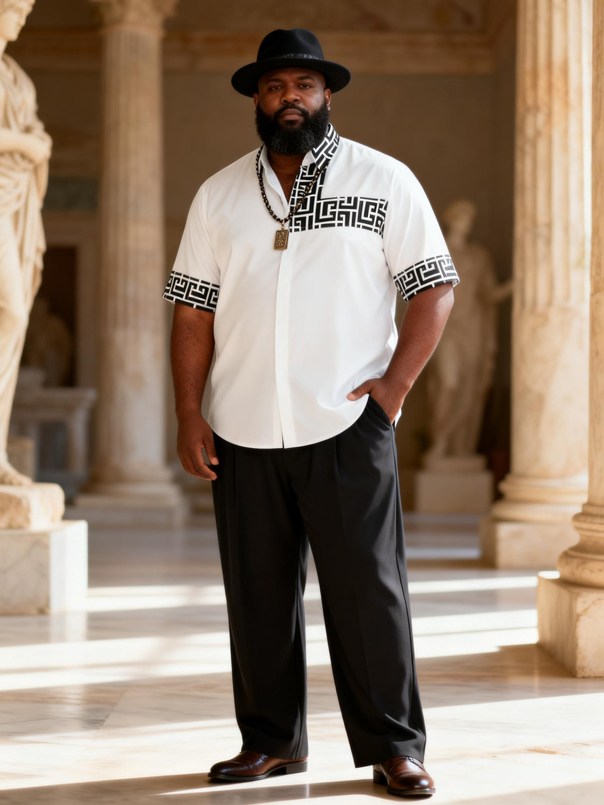 Big & Tall Men's Retro White Background Black Plicet Printed Short Sleeve Shirt Trousers Set