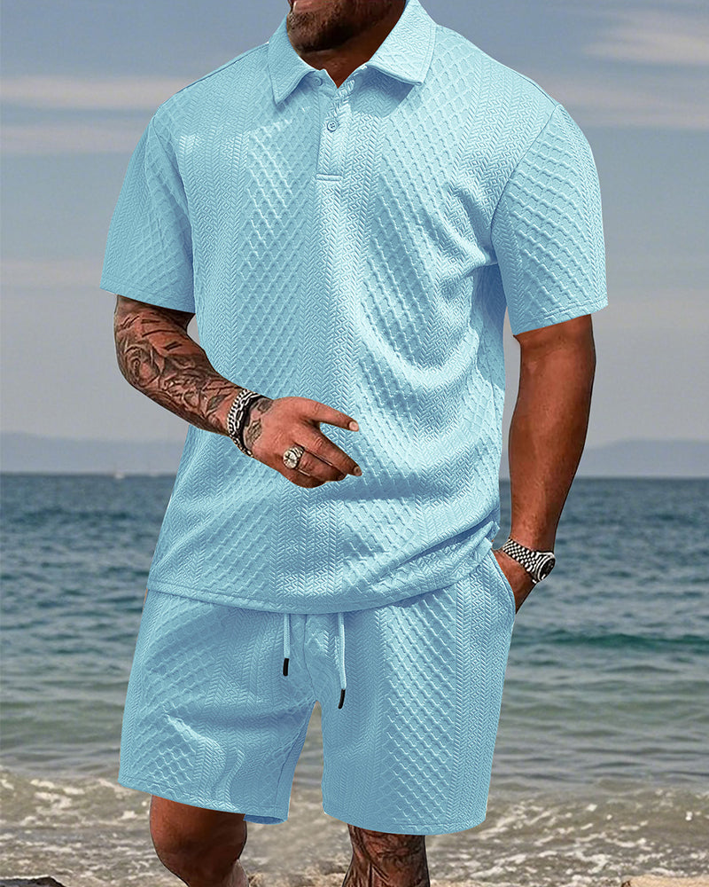 S-5XL Jacquard Men's Casual Sports Lapel Polo Shirt Short Sleeve Suit