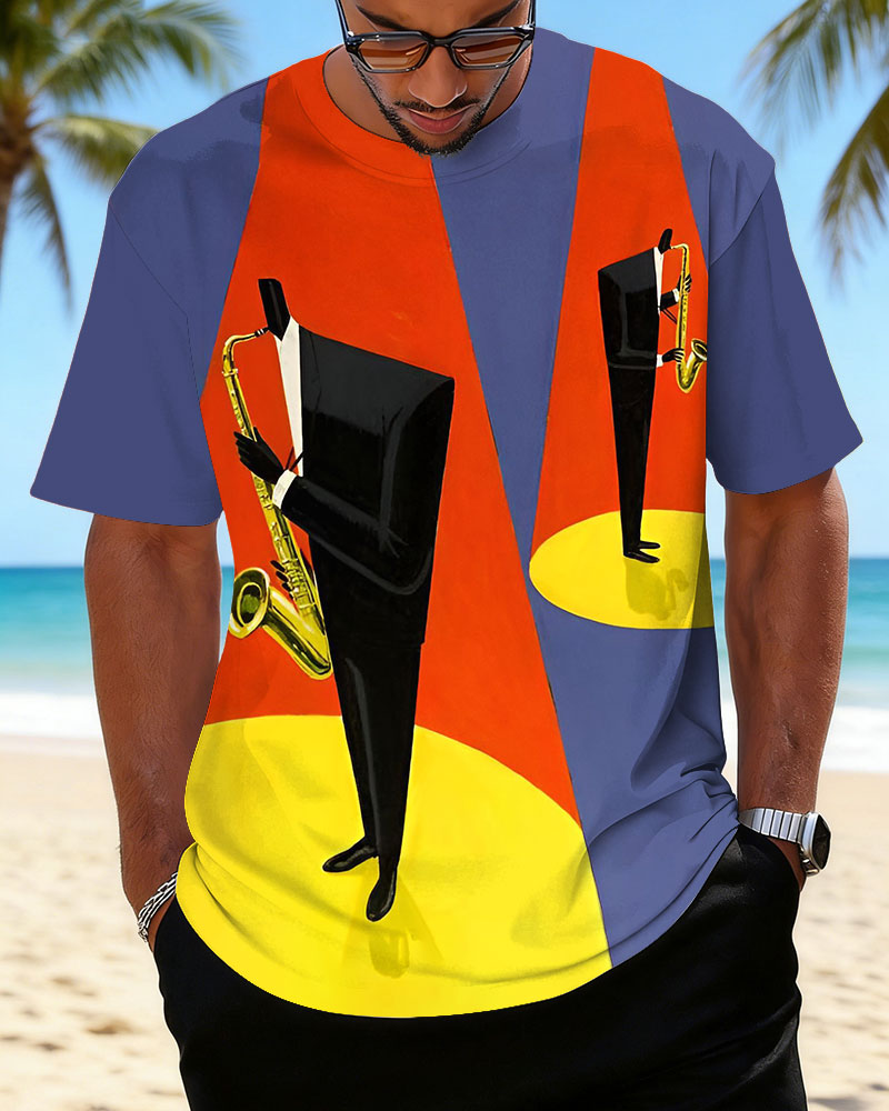 Big & Tall Men's Color-blocked Retro Jazz Print Crewneck Short Sleeve T-Shirt