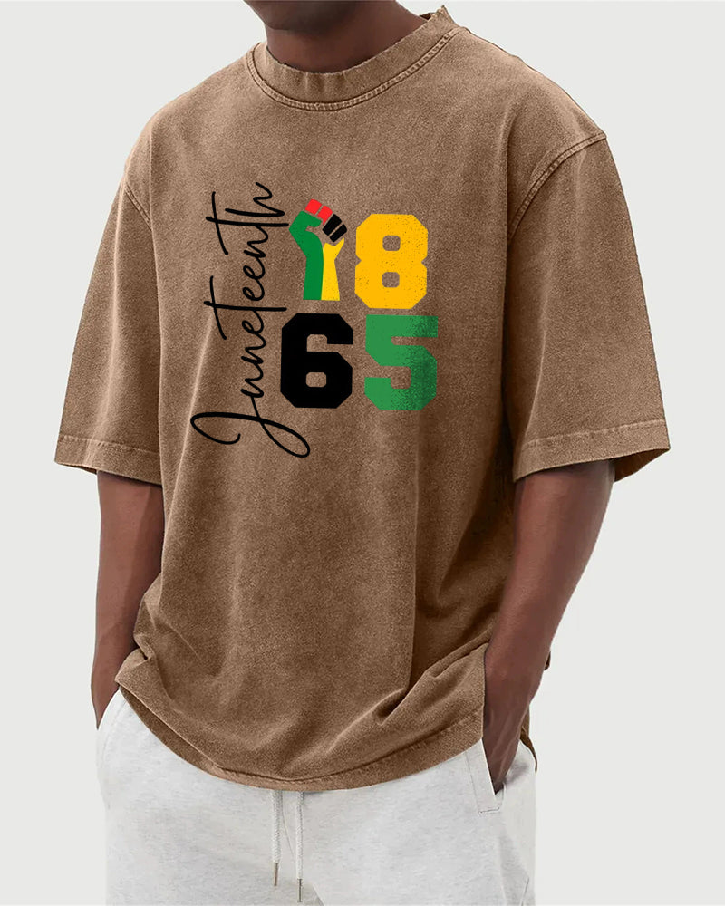 S-5XL Juneteenth 1865 Fist Printed Wash Dressed T-Shirt