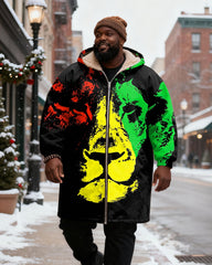 Big & Tall Men's Reggae Tricolor Lion Printed Velvet Thickened Long Hooded Coat