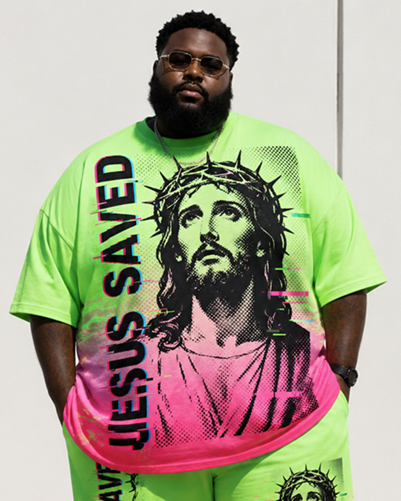 Big & Tall Men’s Gradient Pink Jesus Head Portrait JESUS SAVED Printed Crew-Neck Short-Sleeve T-Shirt And Shorts Set