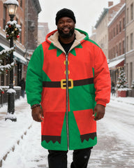 Big & Tall Men's Red And Green Christmas Elves Printed Velvet Thickened Long Hooded Coat