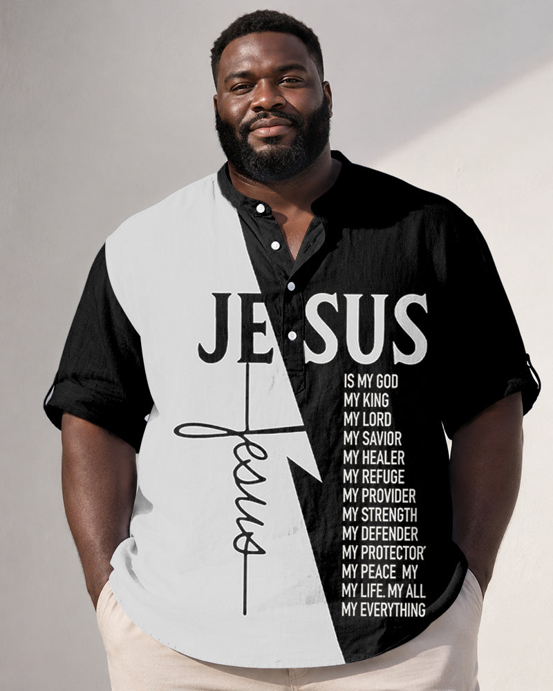 Big & Tall Men's Black And White JESUS Letter Cross Printed Collar Mid-Sleeve Shirt