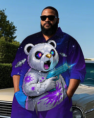 Big & Tall Men's Fashion Starry Sky Bear with Gun Printed Lapel Long Sleeve Shirt Pants Set