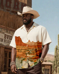 Big & Tall Men's Western Wind Desert Gold Rush Map Printing-Cuban Collar Short Sleeve Shirt Pants Suit