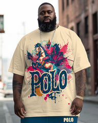 Men's Big and Tall Street Fashion Polo Letter Khaki Knight Print T-Shirt Trousers Set