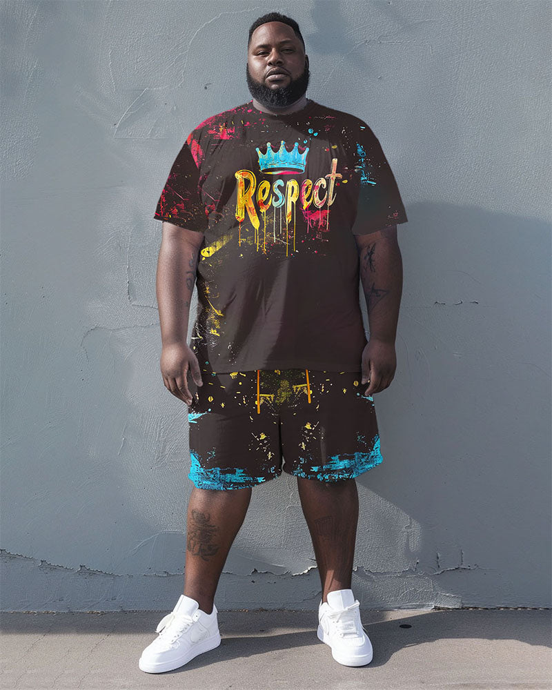 Men's Plus Size Street Fashion Graffiti Respect Alphabet Print T-Shirt Shorts Suit
